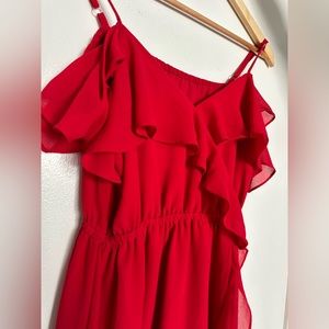 Women’s Red Flare & Ruffled Dress, Midi Length, Sleeveless, V-Neck, Size S